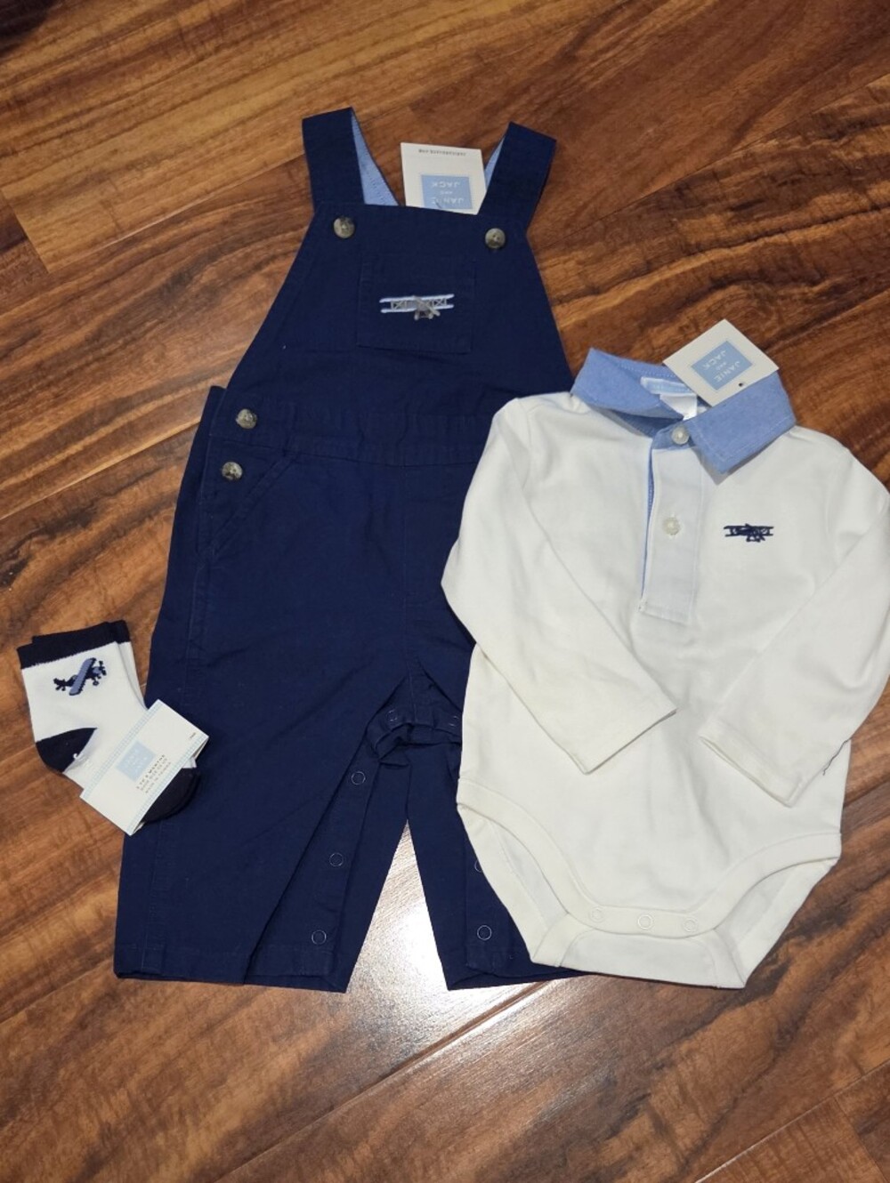 Janie & Jack NWT 3-6 Months Blue Airplaine Twill Overalls, Polo Bodysuit & Socks